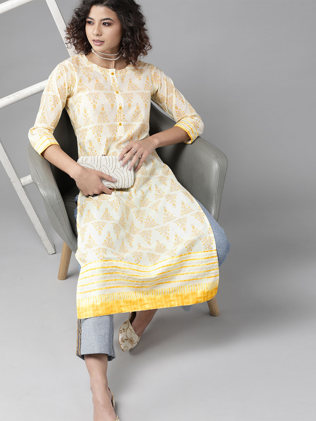 Indo Era Off White Woven Design Cotton Straight Kurtas