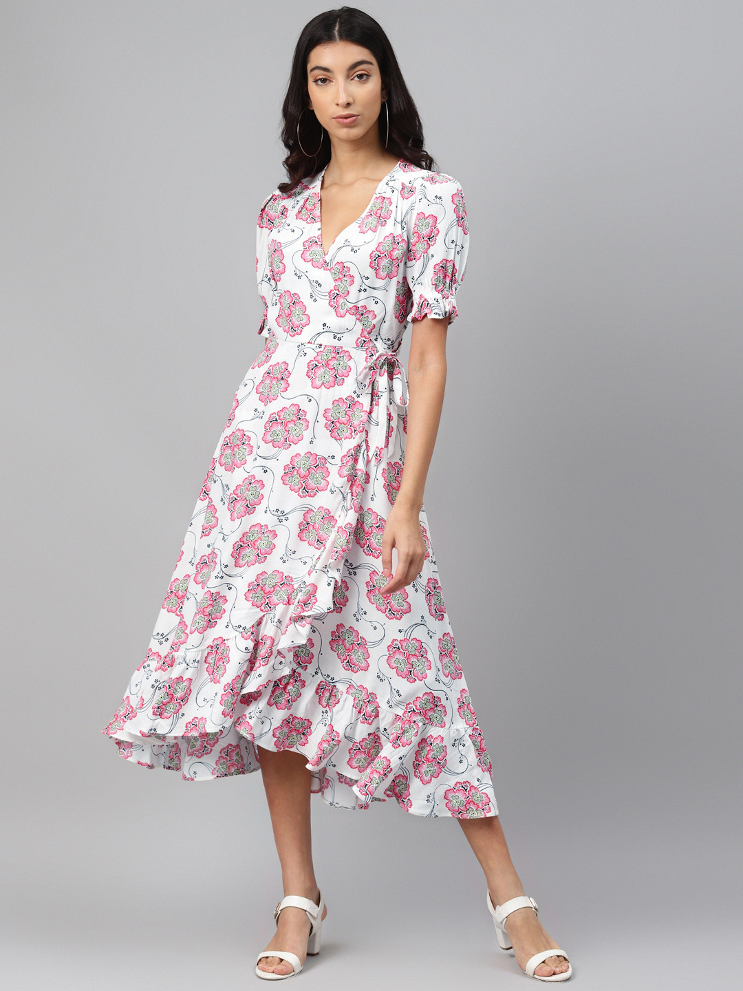 Buy Marks & Spencer Women White & Pink Romantic Floral Print Wrap Dress