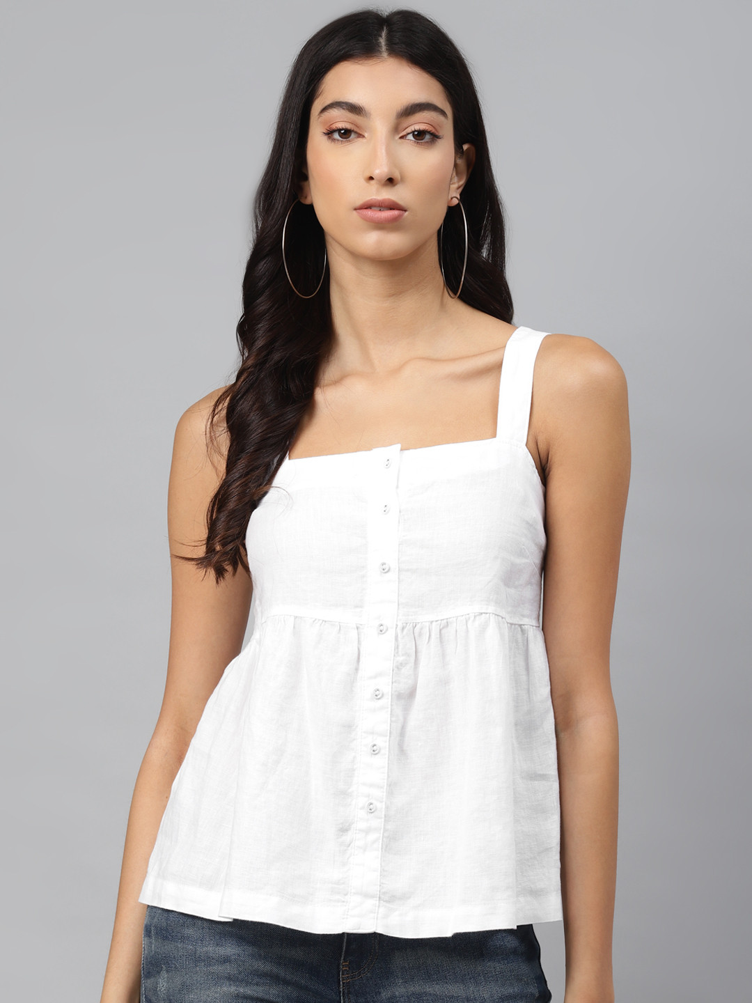 Buy Marks & Spencer White Solid Pure Linen Button Front A Line Top