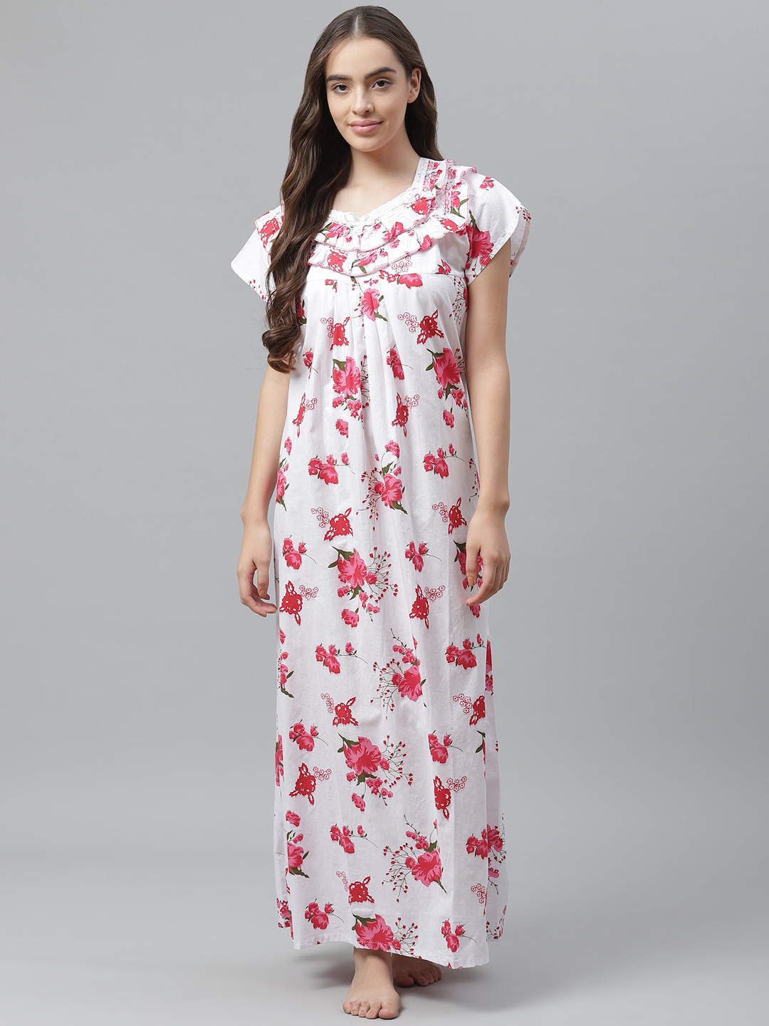 Buy Vemante White & Pink Floral Printed Pure Cotton Maxi Nightdress