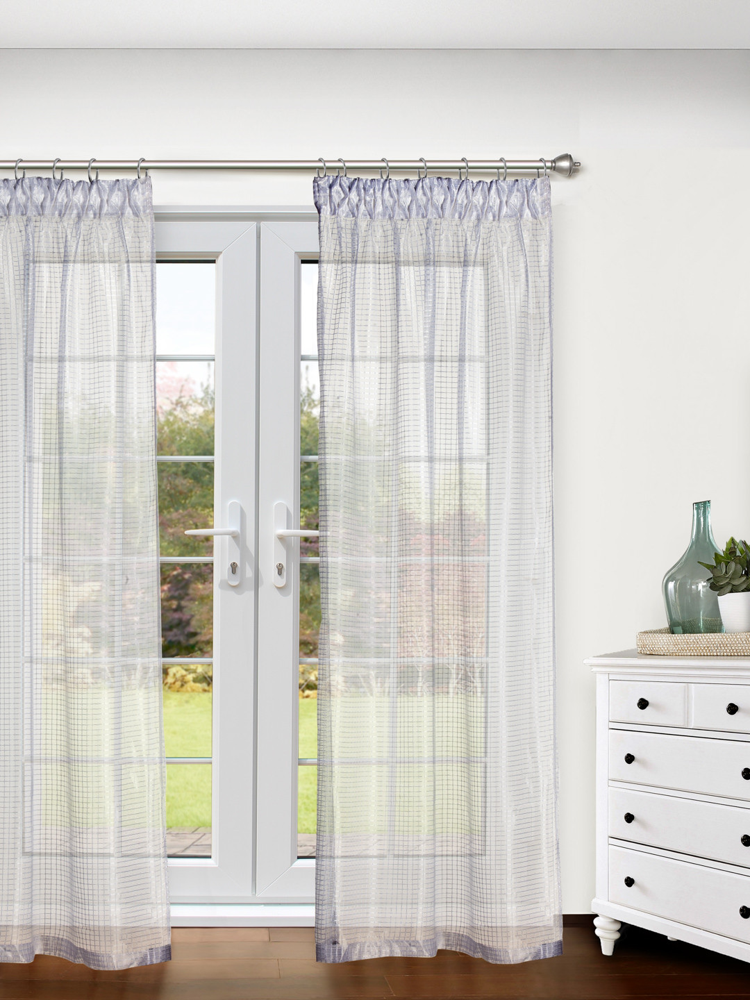 Buy BOMBAY DYEING White Single Self Checked Sheer Door Curtain