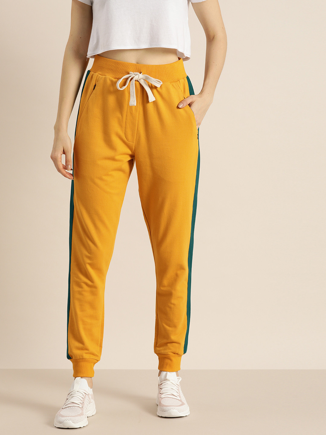 Buy DILLINGER Women Mustard Yellow Solid Slim Fit Joggers Track Pants