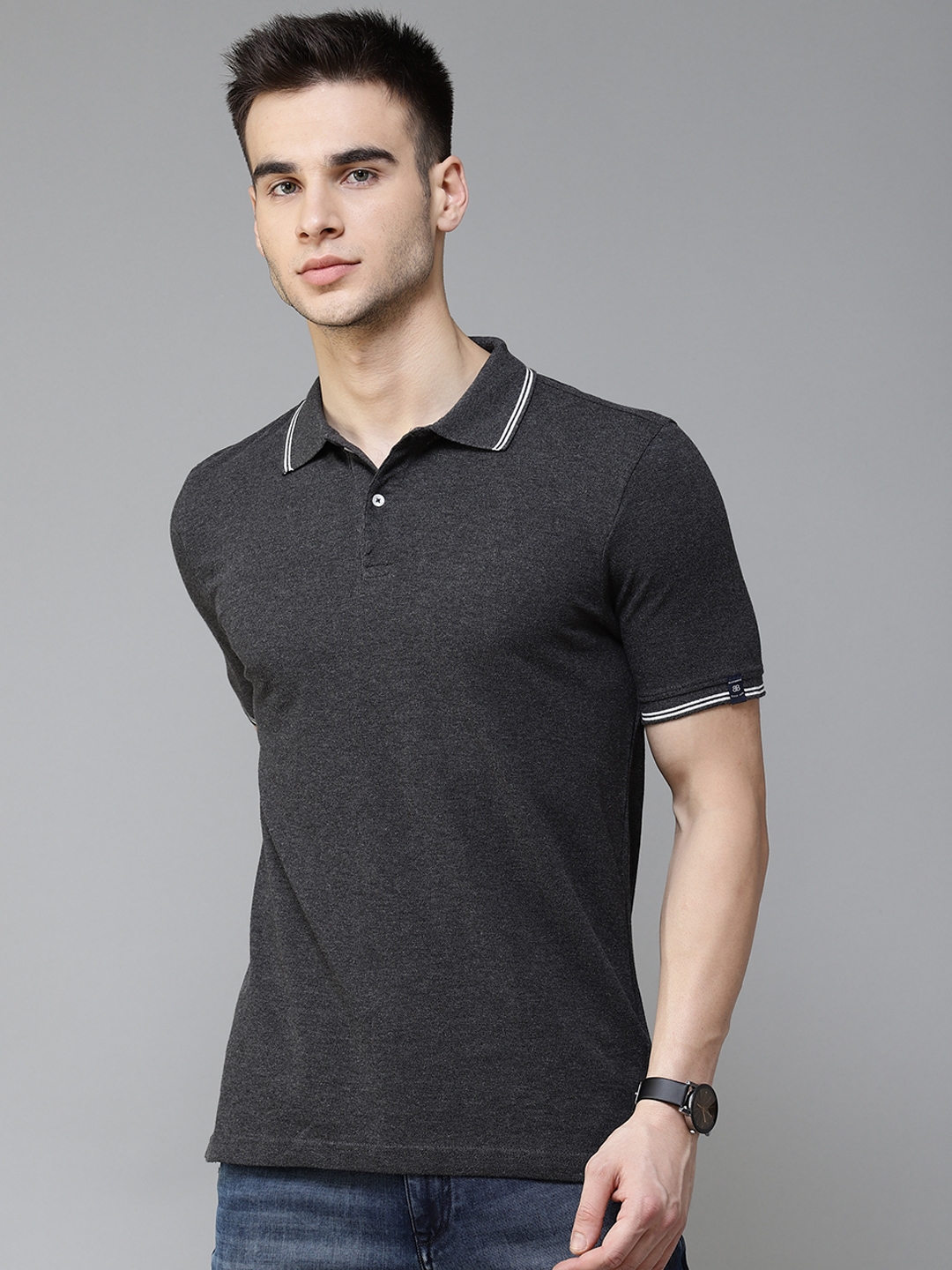 Buy Blackberrys Men Charcoal Grey Pure Cotton Solid Polo Collar T Shirt ...