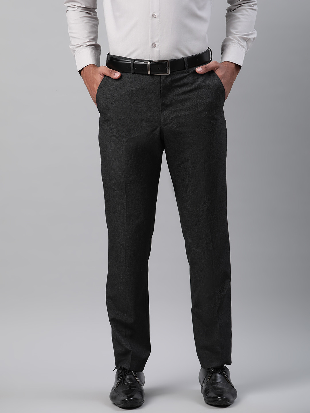 Buy Marks & Spencer Men Charcoal Grey Regular Fit Solid Formal Trousers ...