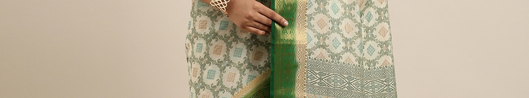 Buy MIMOSA Off White & Green Art Silk Woven Design Kanjeevaram Saree ...