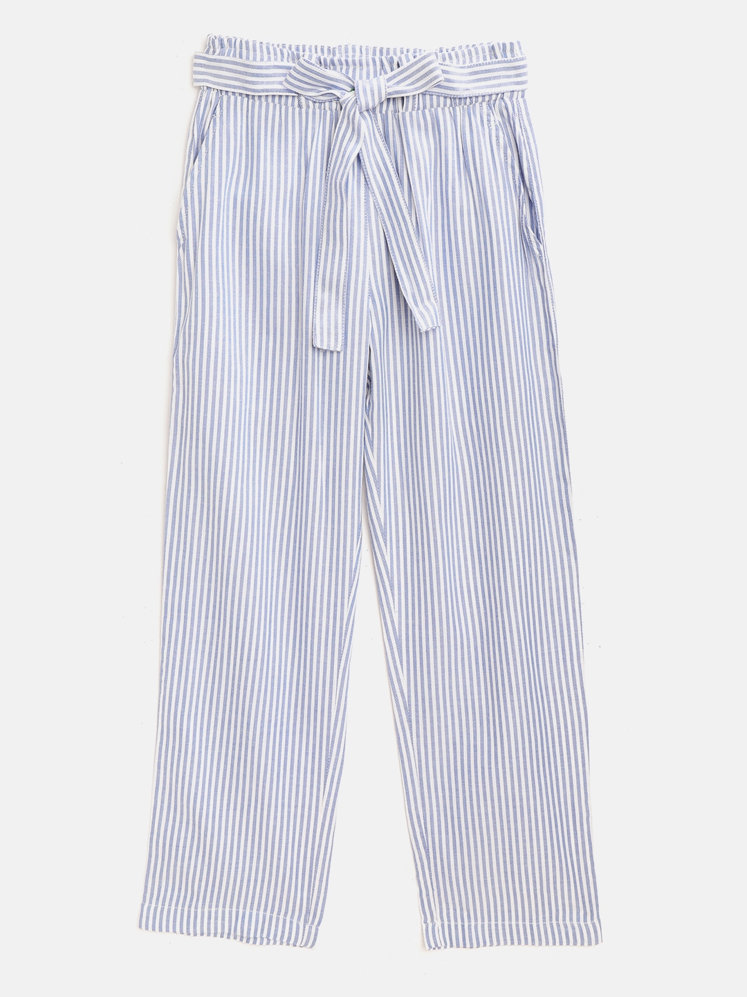 blue and white striped trousers
