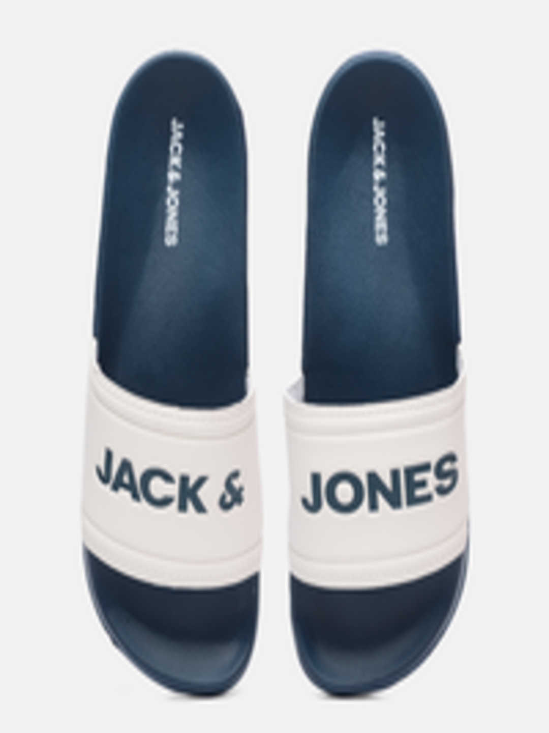 Buy Jack & Jones Men Blue & White Printed Sliders - Flip Flops for Men ...