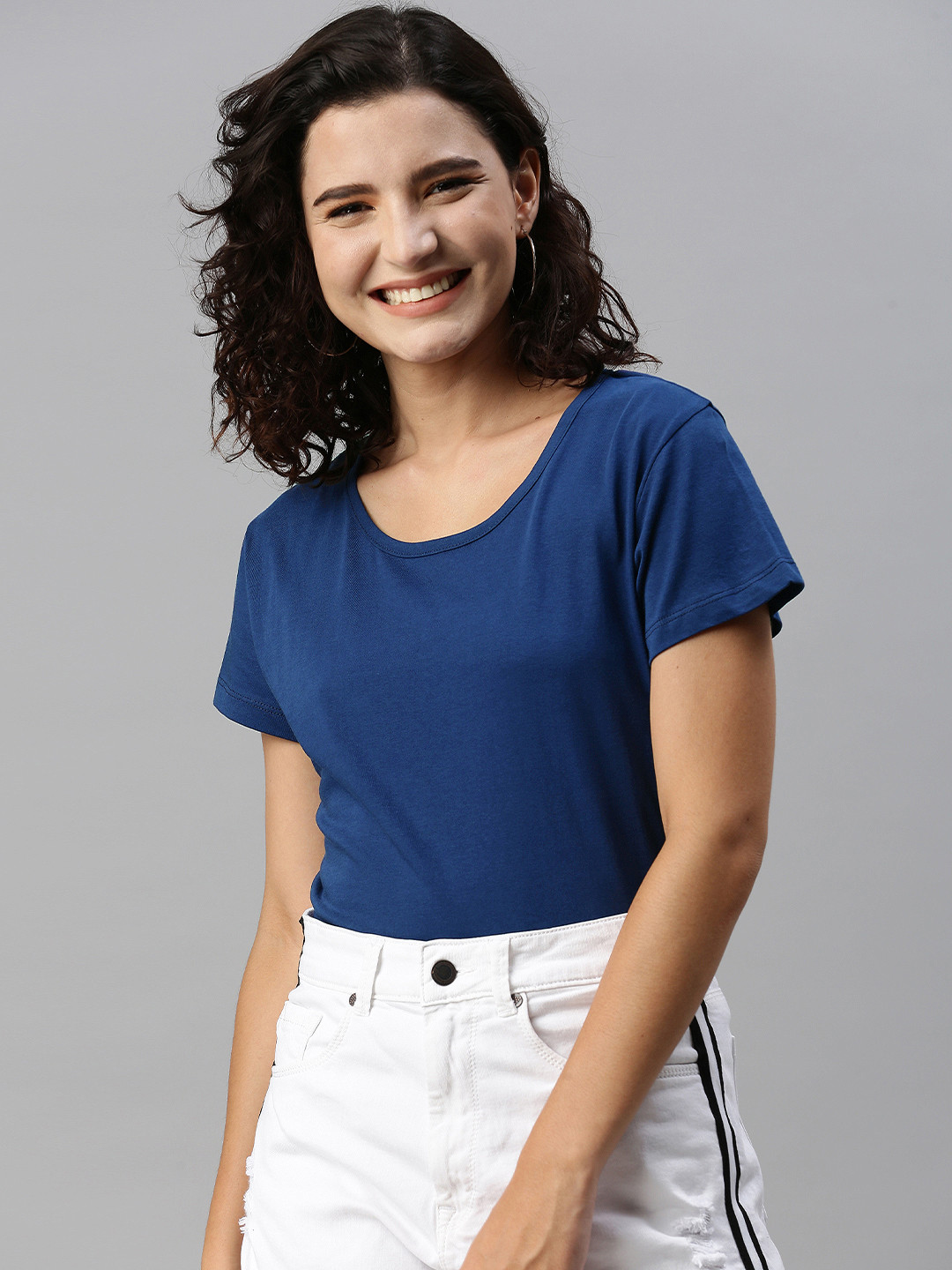 Buy HERENOW Women Navy Blue Solid Round Neck Pure Cotton T Shirt ...