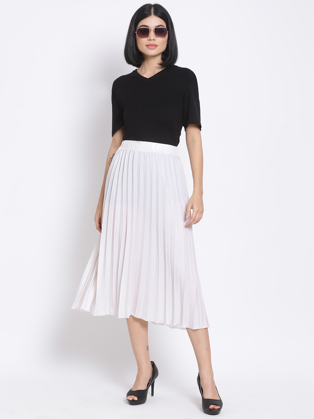 Buy Oxolloxo Women White Solid Accordion Pleated A Line Midi Skirt ...