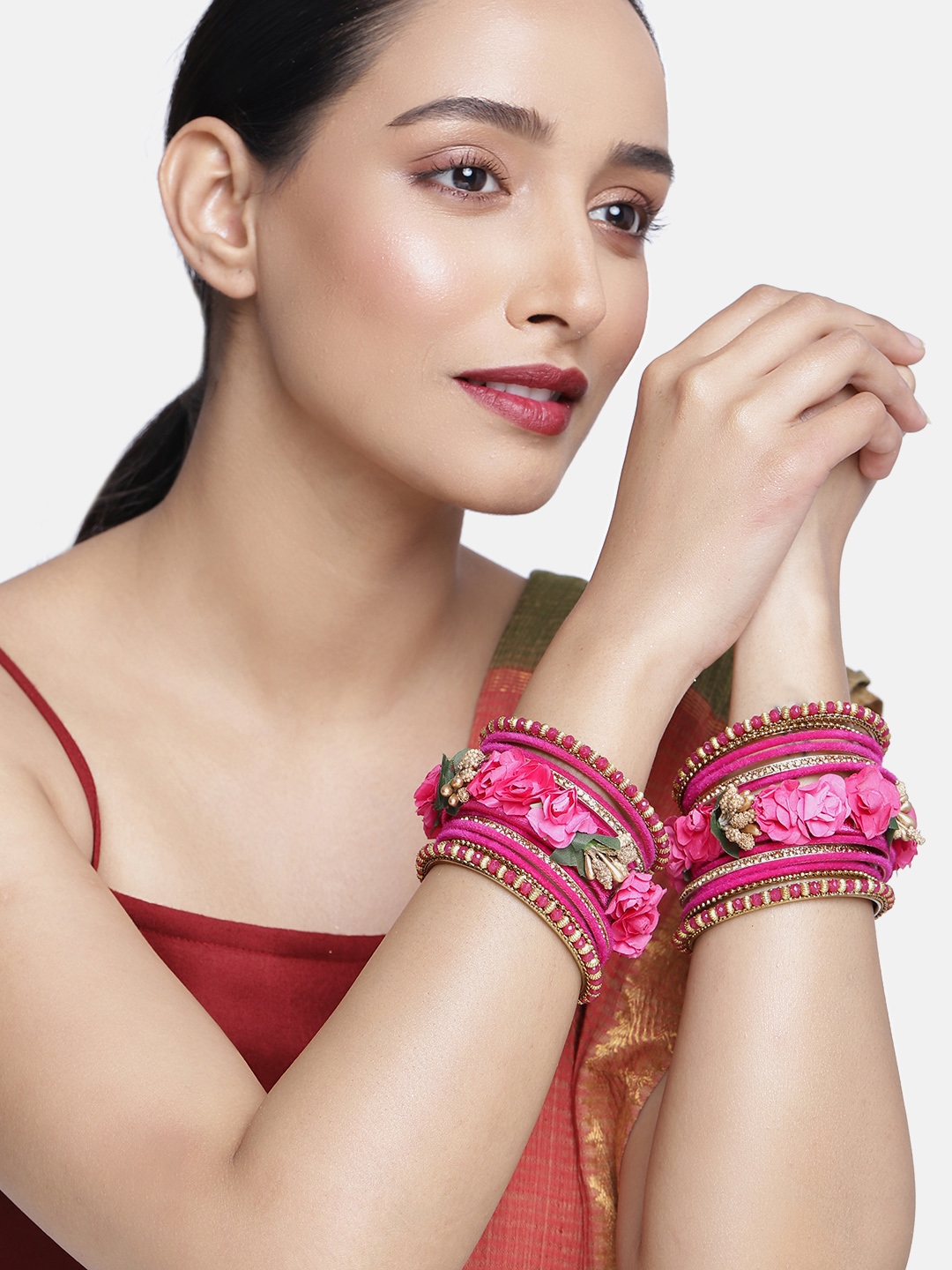 Buy Peora Magenta Gold Plated Set Of 26 Handcrafted Embellished Chuda Chura Wedding Bangles