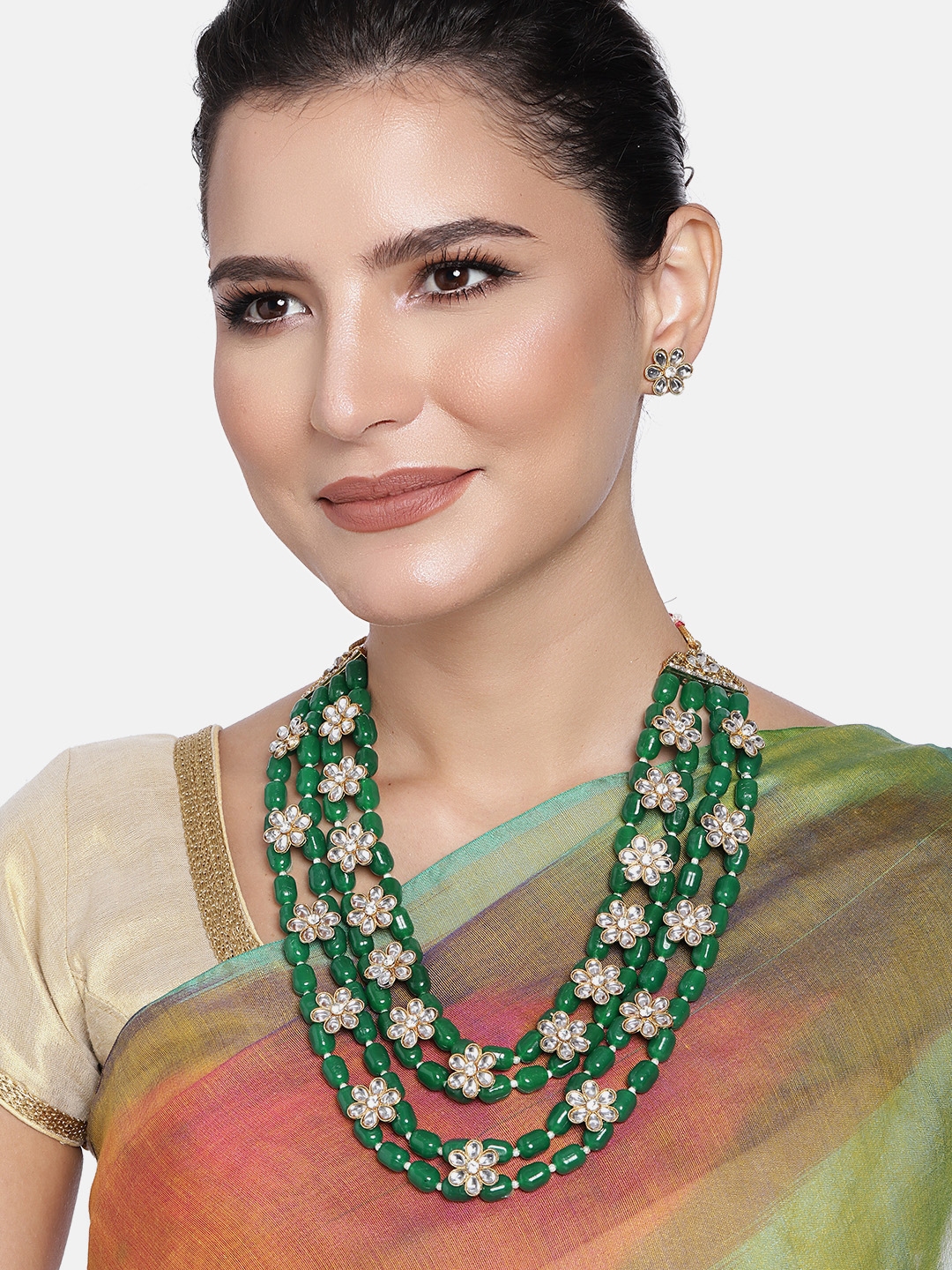 Buy Peora Green & White Gold Plated Beaded Handcrafted Jewellery Set ...