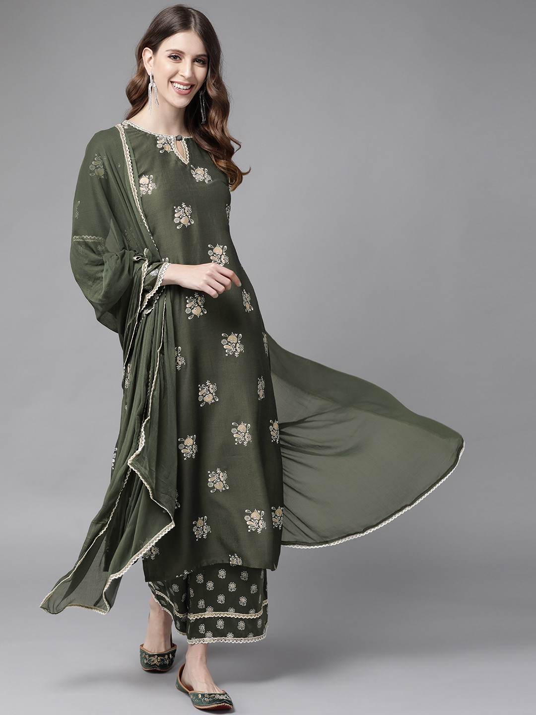 Women's Green Embroidered Pleated Gotta Patti Kurta Sets with Palazzos & Dupatta main image 1