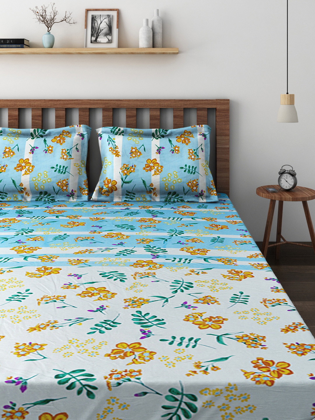 Buy Raymond Home Blue & Off White 144 TC Cotton Double Bedsheet With 2