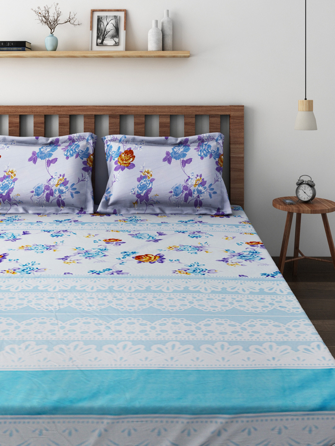Buy Raymond Home Blue 144 TC Cotton Double Bedsheet With 2 Pillow