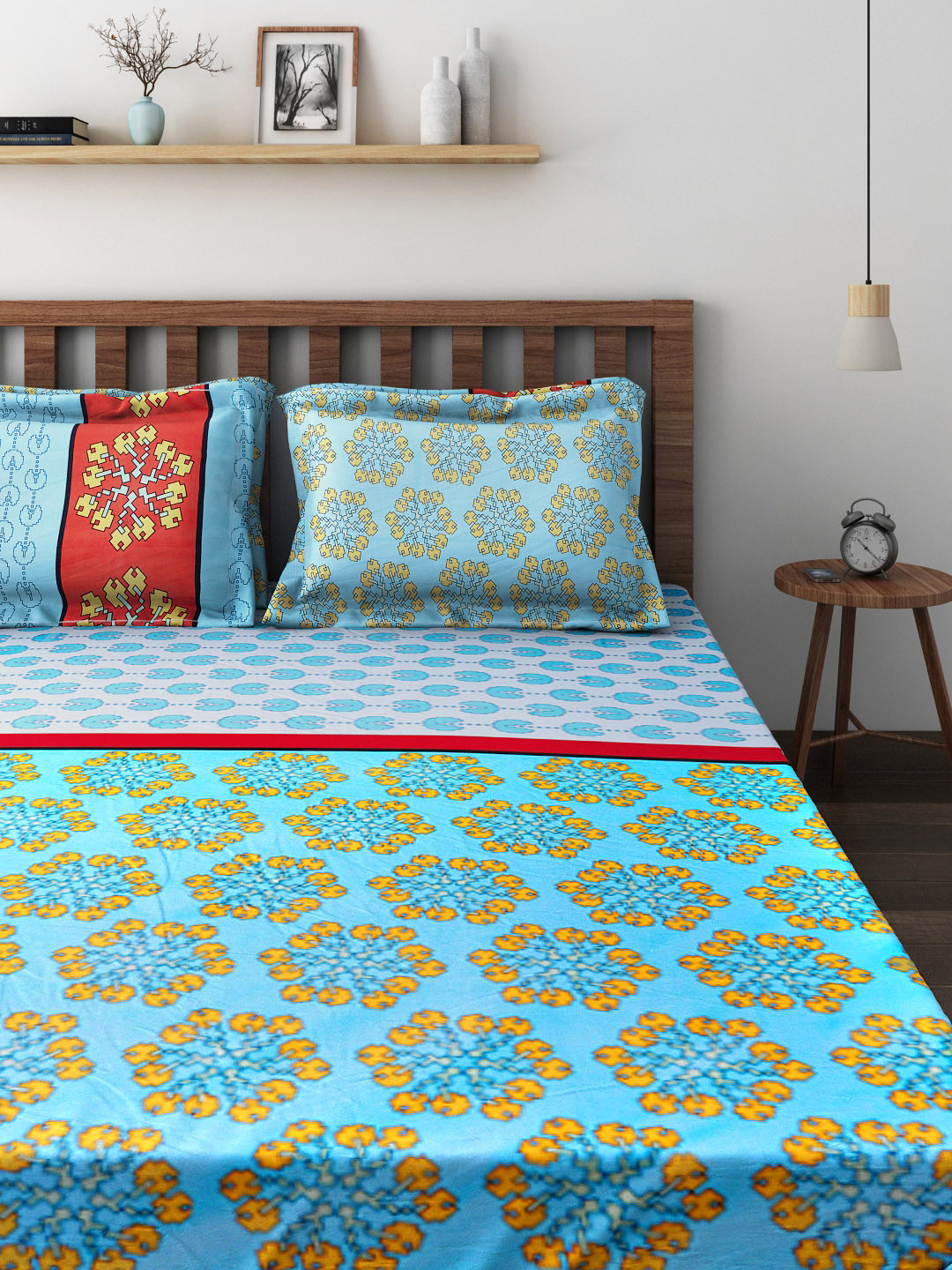 Buy Raymond Home Blue 300 TC Cotton Double Bedsheet With 4 Pillow