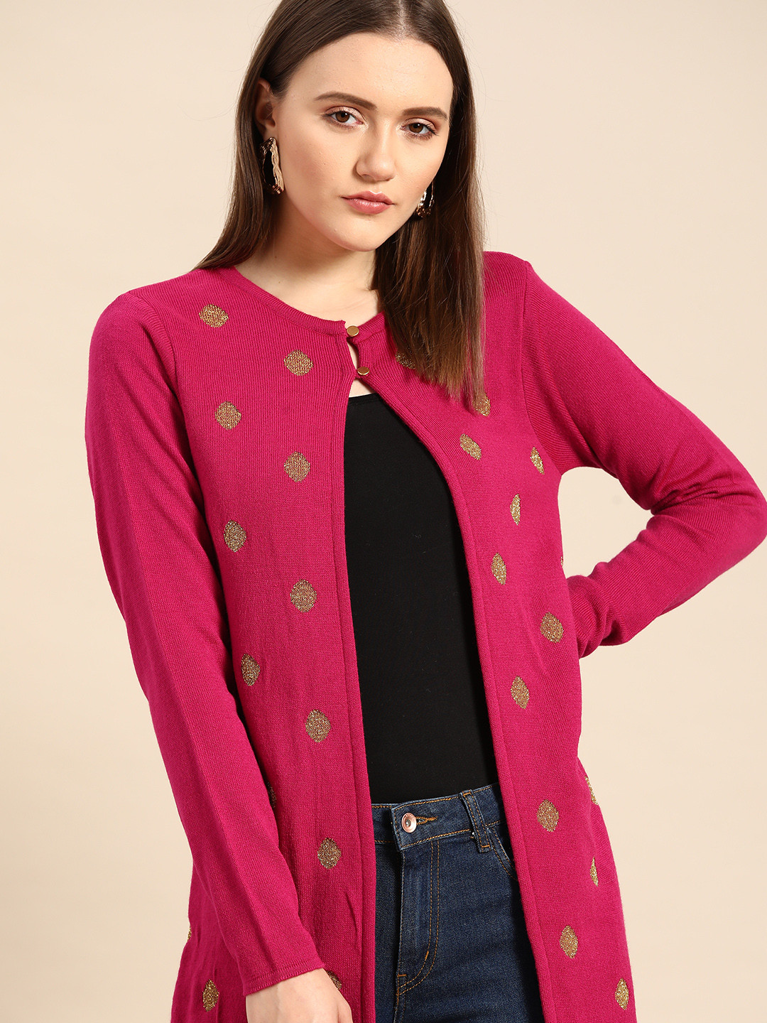 Buy Anouk Women Fuchsia & Golden Self Design Winter Longline Shrug Shrug for Women 14048762