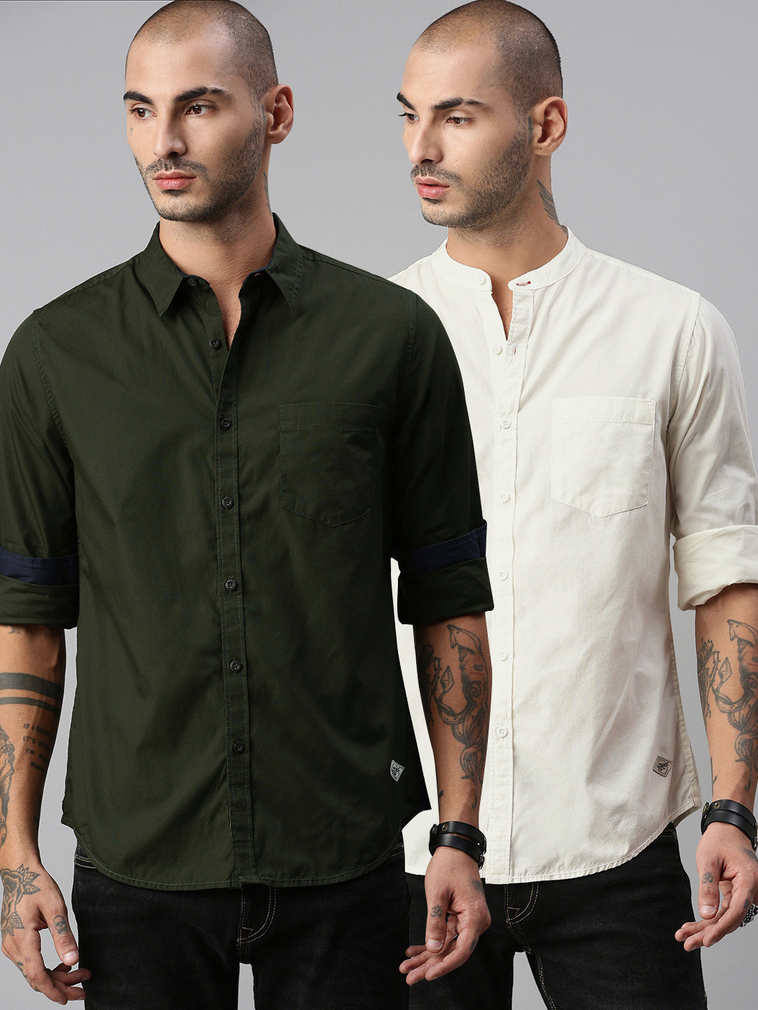Buy Roadster Pack Of 2 Men Green & Off White Regular Fit Solid Casual