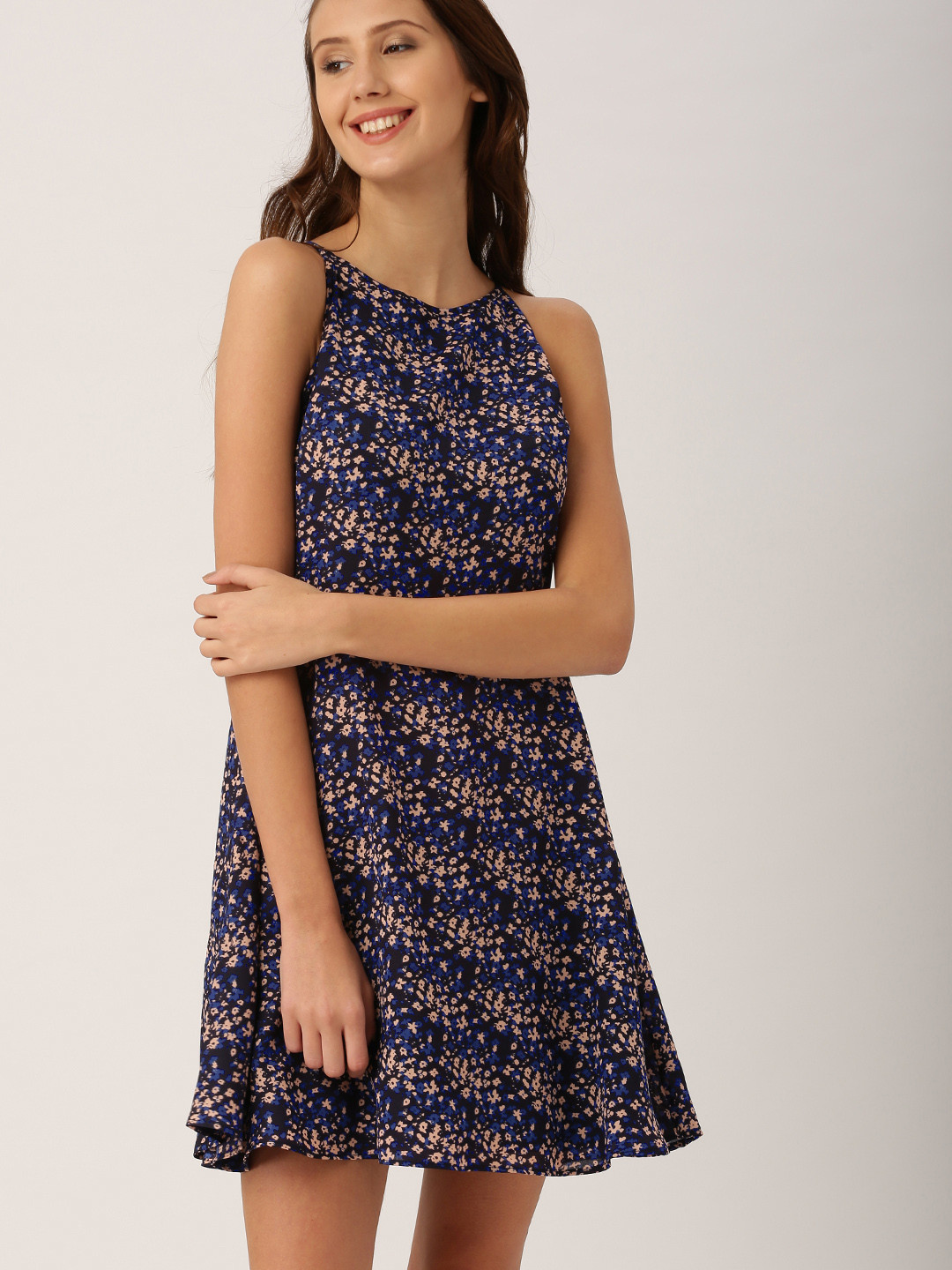 Navy Blue Printed Dress With Smocking