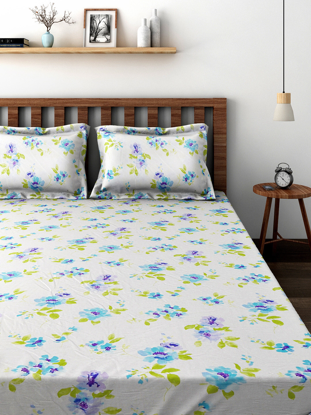 Buy BOMBAY DYEING White & Blue 144 TC Cotton Double Bedsheet With 2