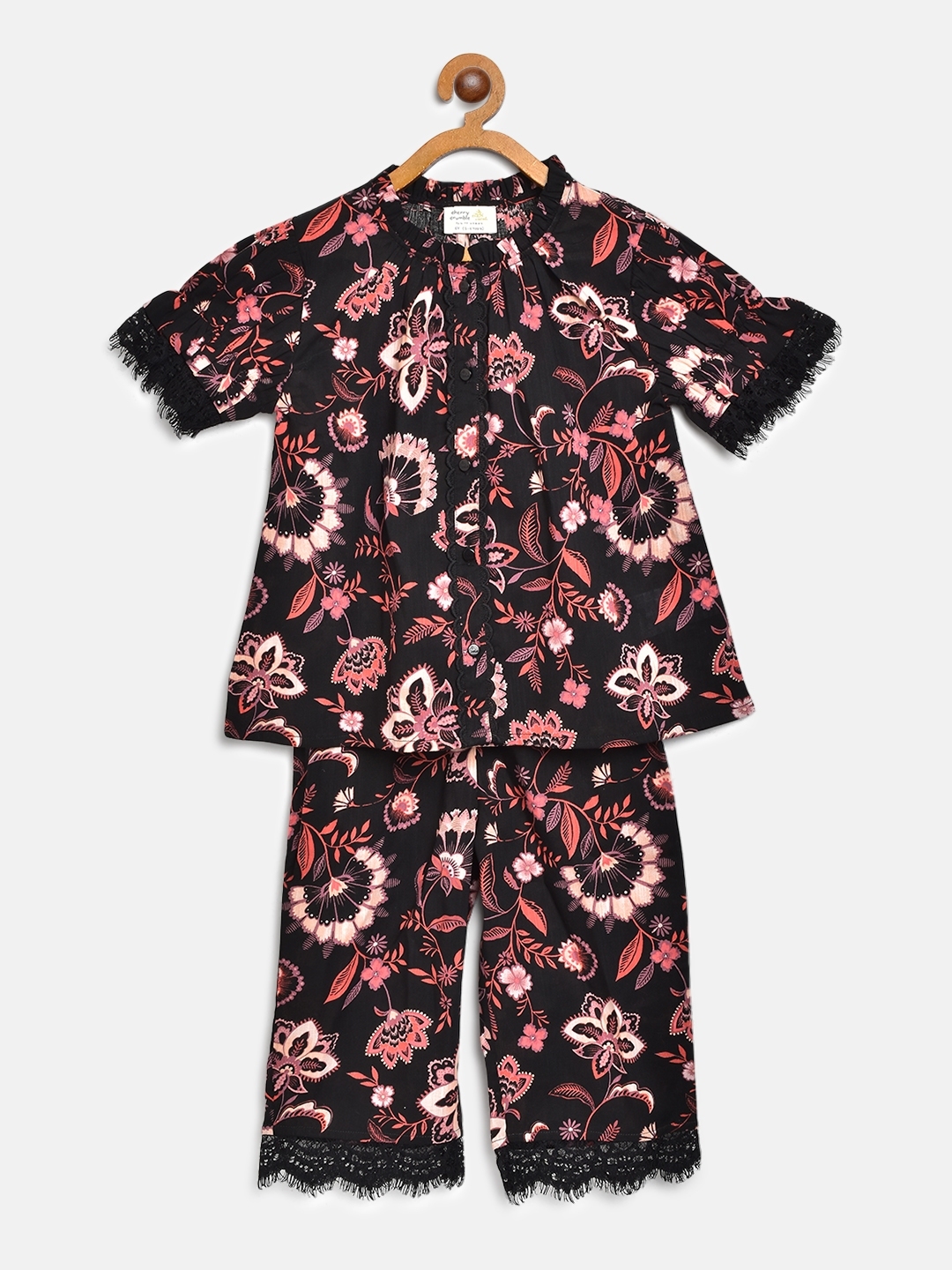 Buy Cherry Crumble Girls Black & Pink Floral Printed Lace Inserts ...