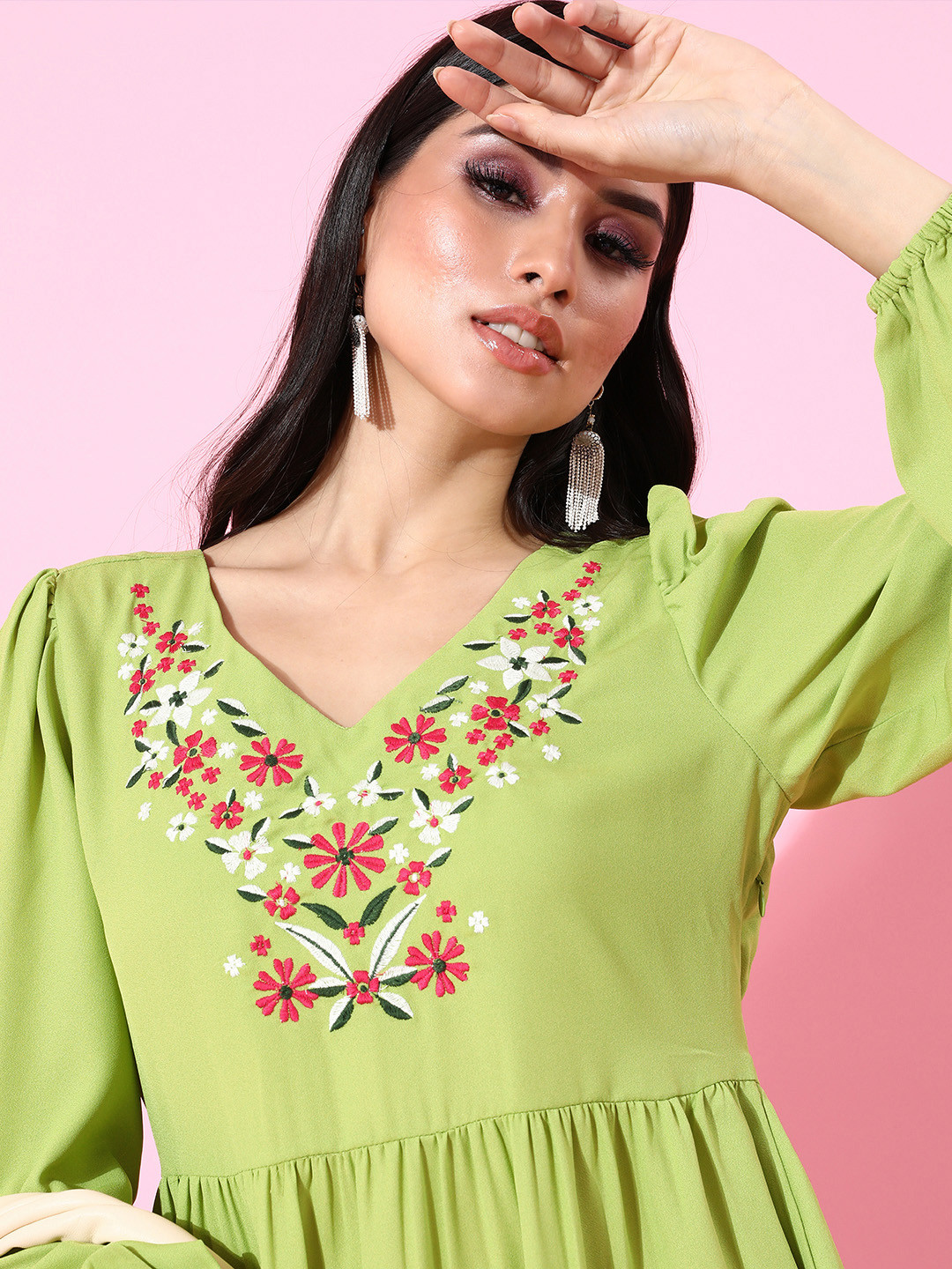 Buy DressBerry Women Green Floral Puff Sleeves Dress Dresses