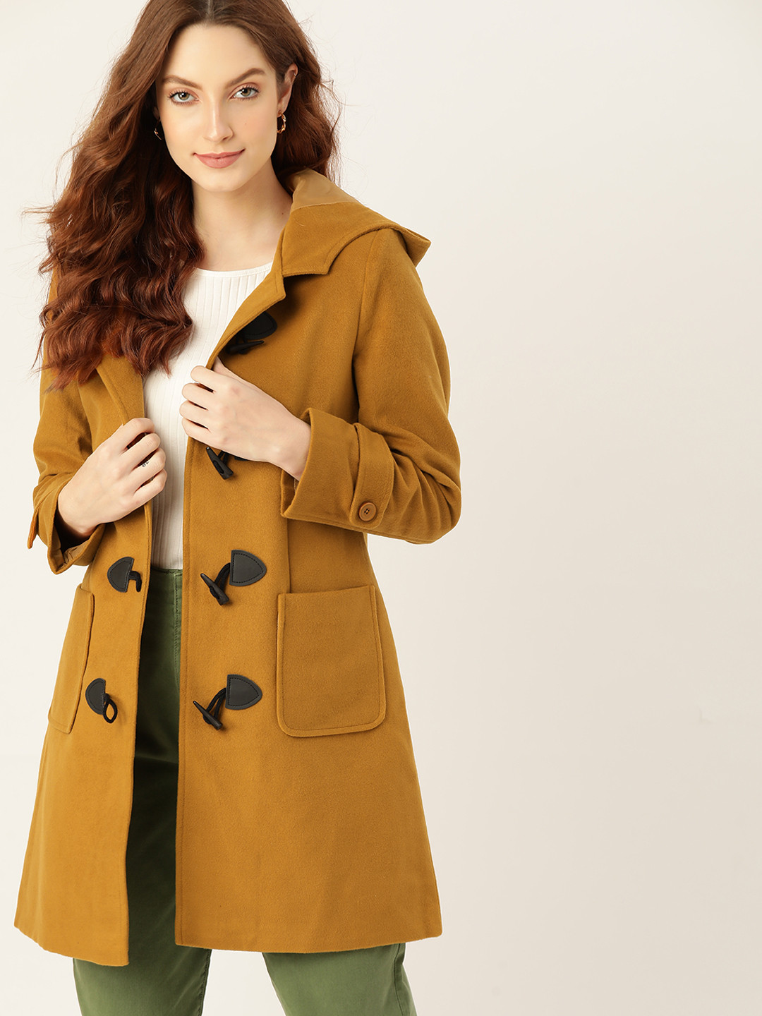 Buy DressBerry Women Mustard Yellow Solid Hooded Duffle Coat Coats