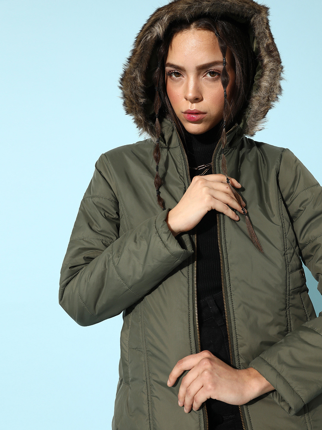 Buy DressBerry Women Olive Green Solid Hooded Parka Jacket Jackets