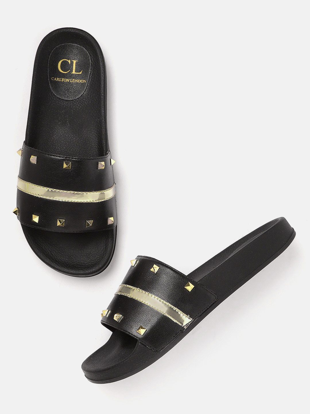 Buy Carlton London Women Black & Gold Toned Studded Open Toe Flats