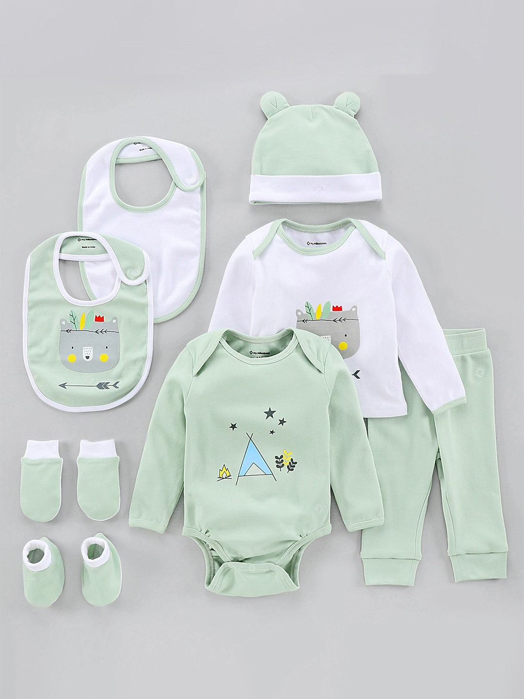 Buy My Milestones Infant Boys Sage Green & White Pack Of 8 Pure Cotton