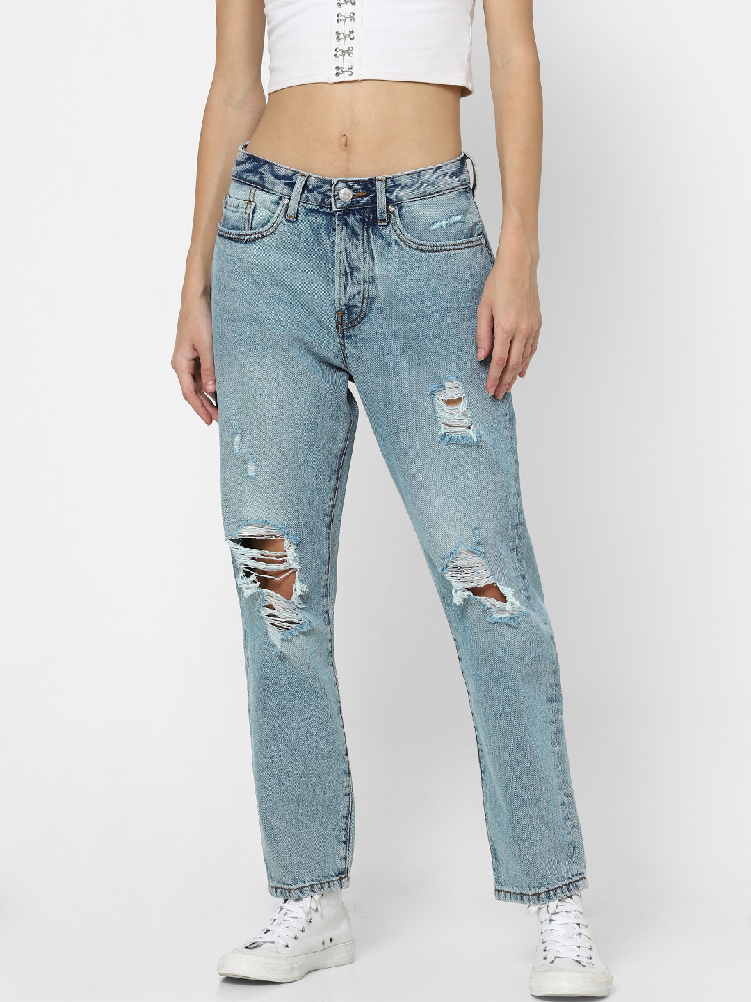 Women's Blue Straight Fit High-Rise Low Distress Light Fade Stretchable Denim Jeans