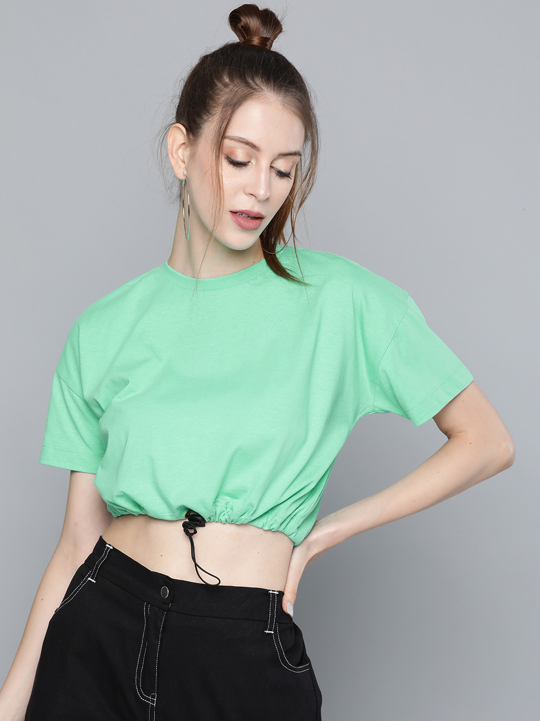 Buy SASSAFRAS Women Mint Green Blouson Cotton Crop Top Tops for Women