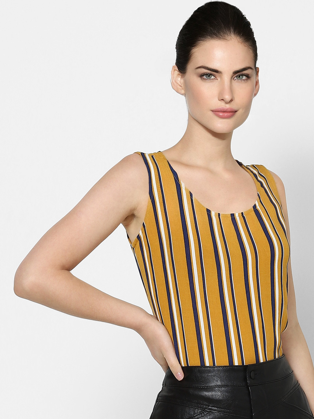 Buy ONLY Women Mustard Yellow & Navy Blue Striped Regular Top Tops