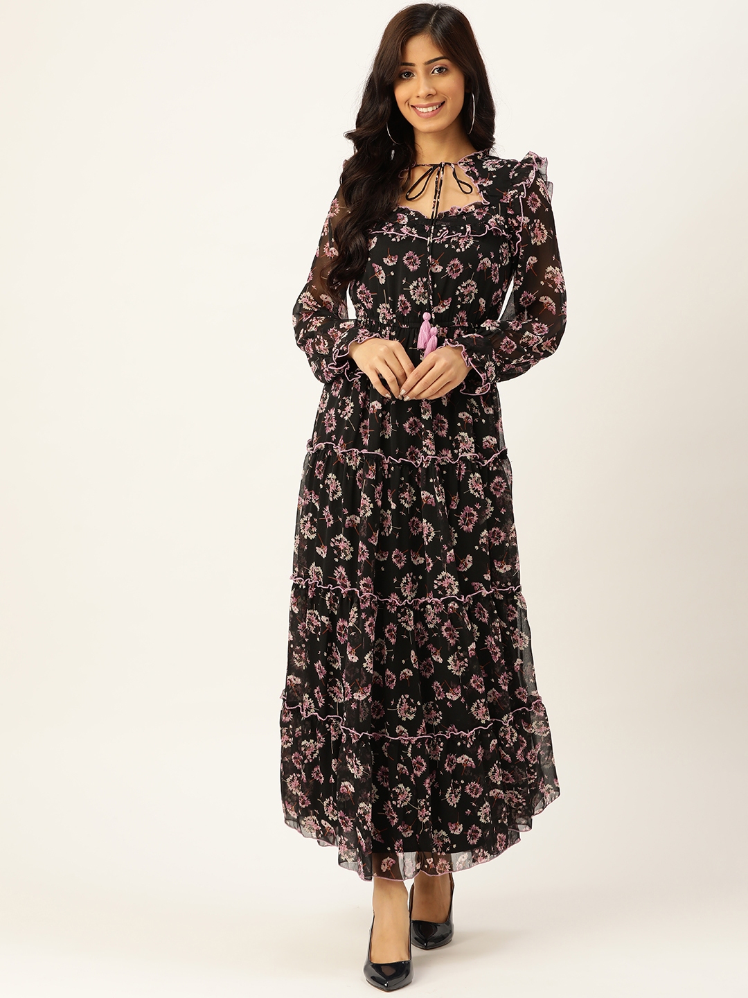 Buy Antheaa Women Black & Lavender Floral Tie Up Neck Maxi Dress ...