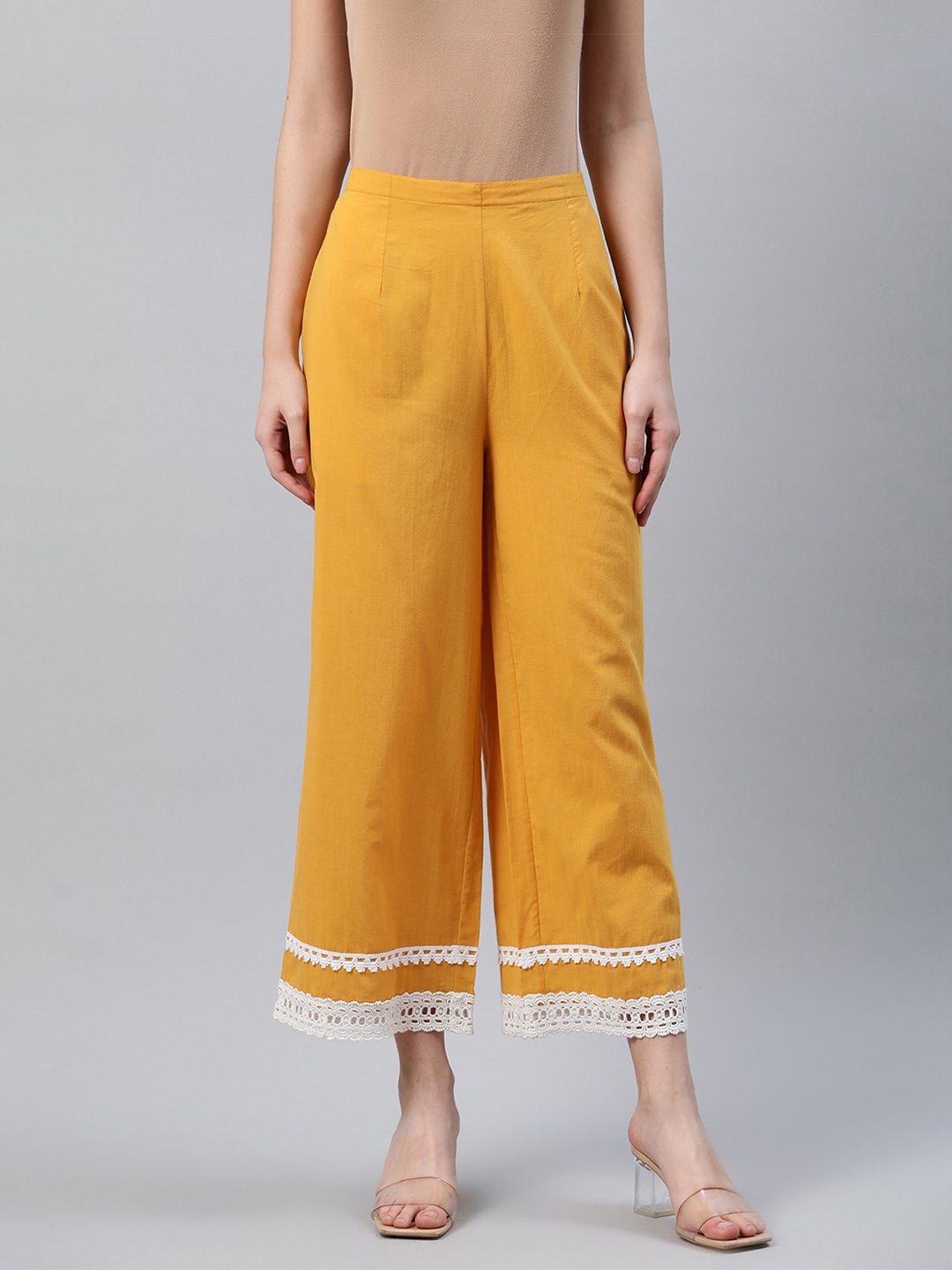 Buy Libas Women Yellow Hem Design Cotton Wide Leg Palazzos - Palazzos ...