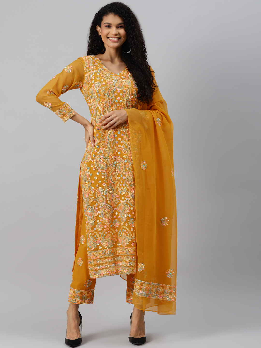 Buy ADA Mustard Yellow Chikankari Embroidered Sustainable Unstitched Dress Material Dress