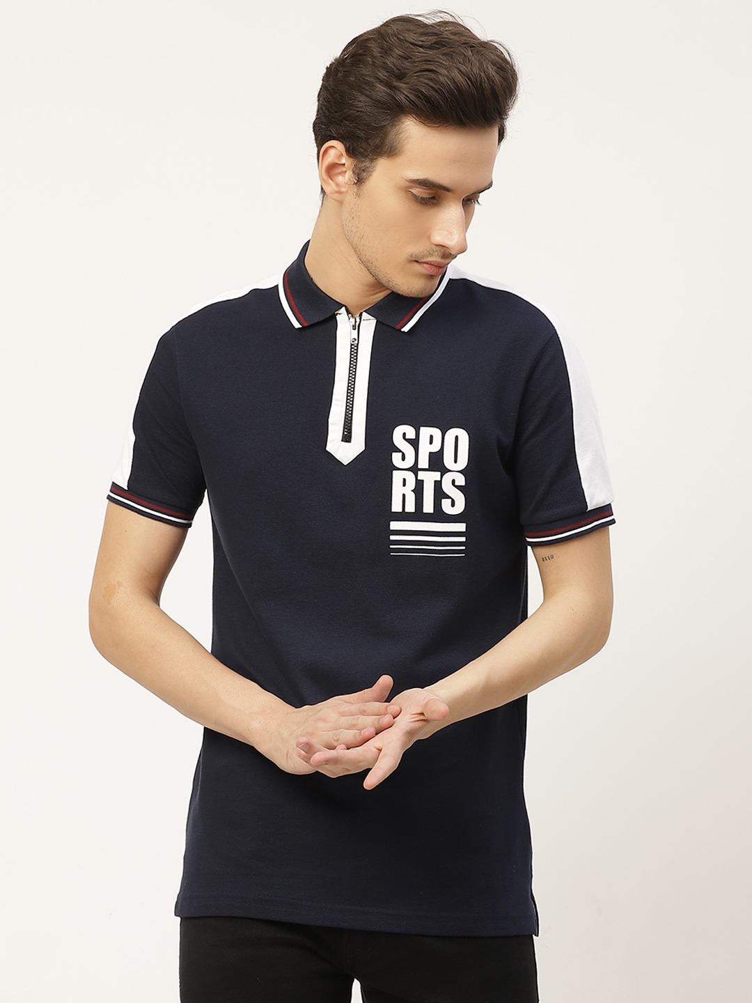 Buy Moda Rapido Men Navy Blue Typography Printed Pure Cotton Polo
