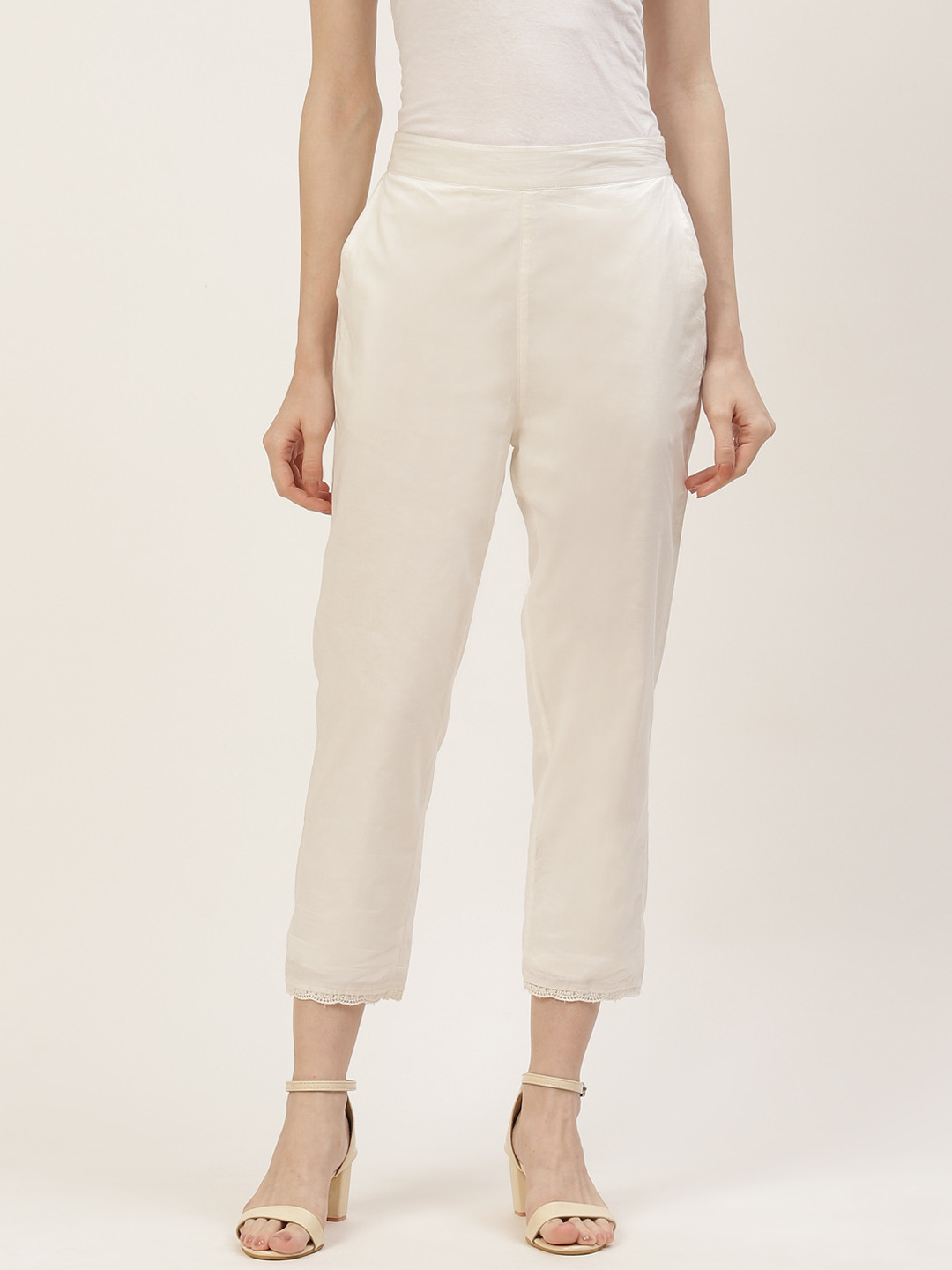 Buy Ancestry Women White Pure Cotton Cropped Trousers Trousers for