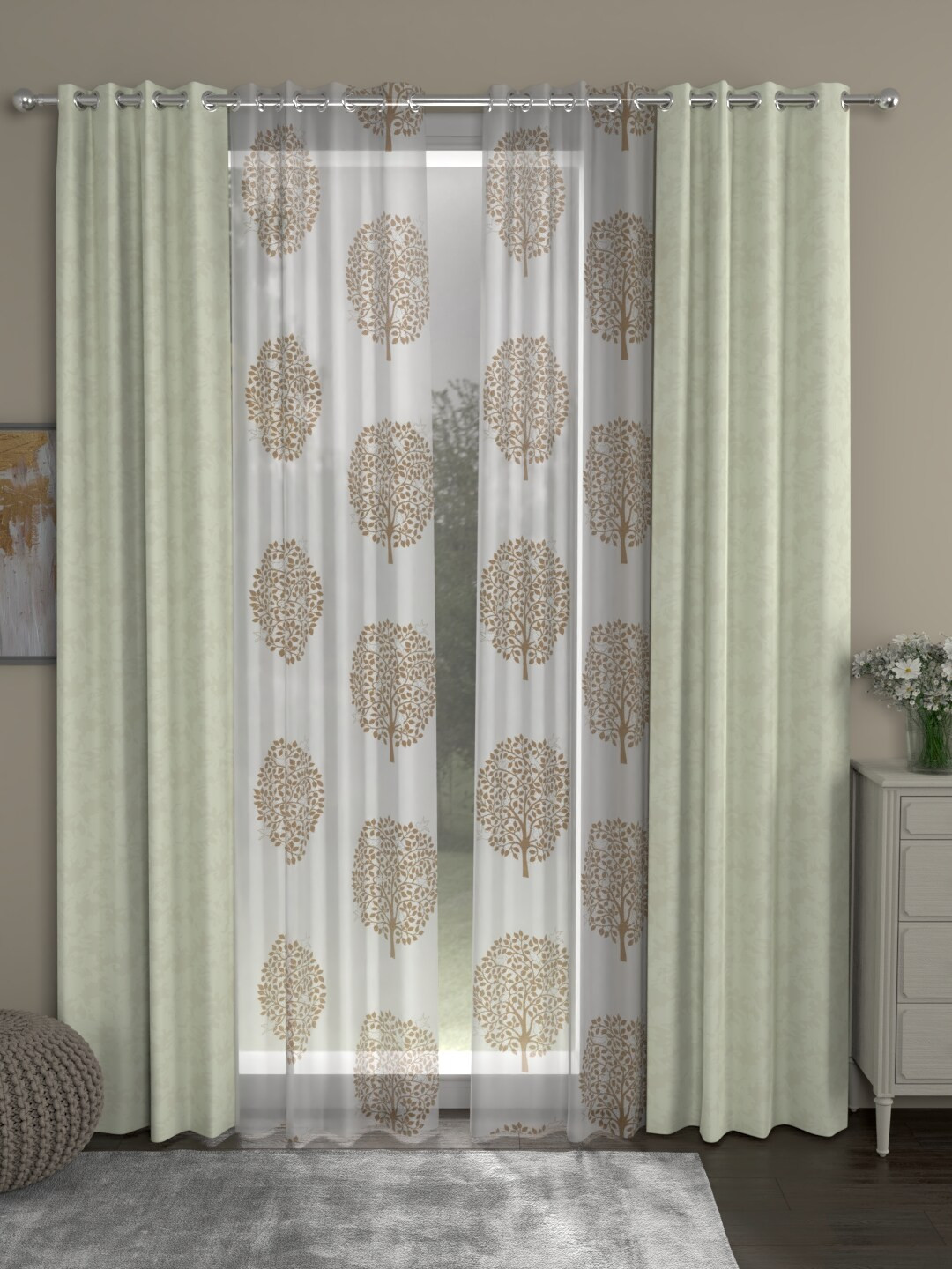 Buy ROSARA HOME Off White & Brown Set Of 4 Regular And Sheer Long Door