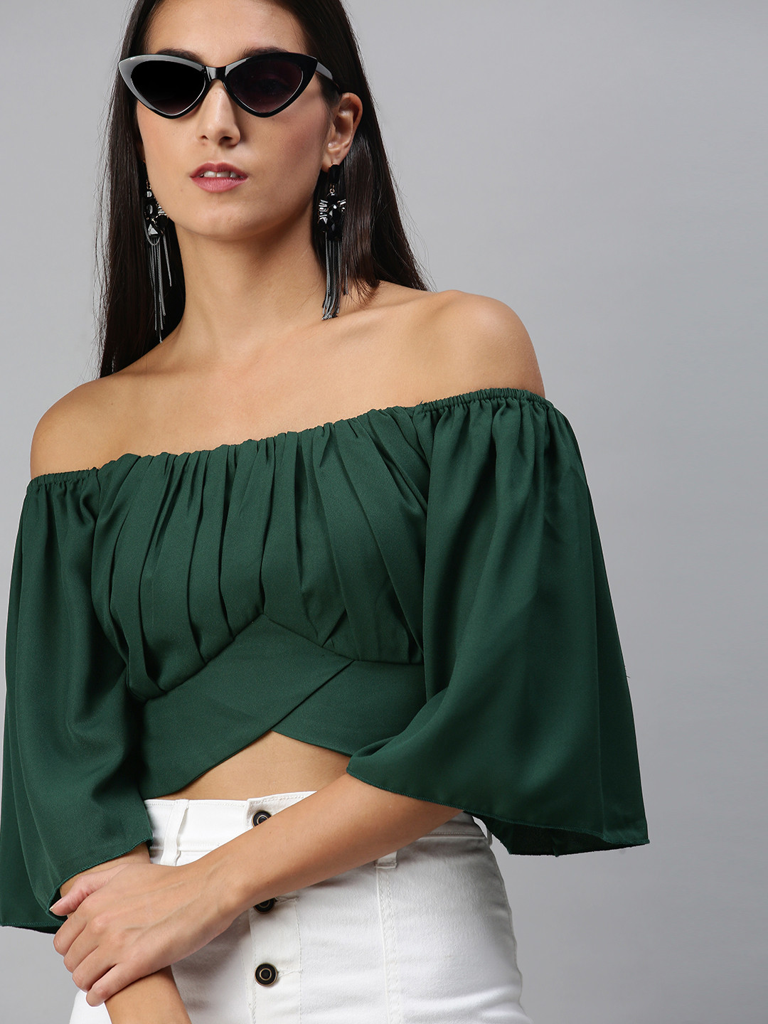 Buy KASSUALLY Olive Solid Smocked Crop Top Tops for Women 14114852