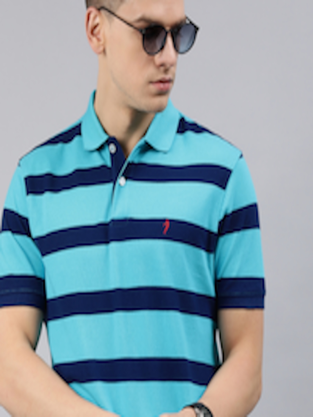 Buy Indian Terrain Men Blue Striped Pure Cotton Polo Collar T Shirt ...