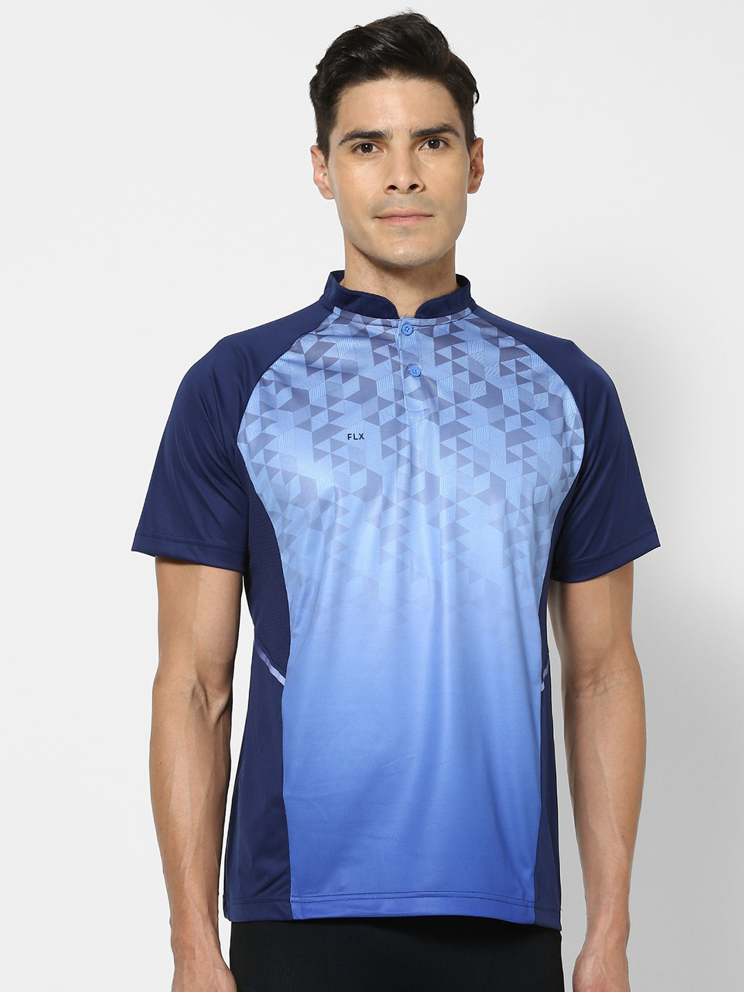 Buy FLX By Decathlon Men Blue Printed Mandarin Collar Cricket T Shirt