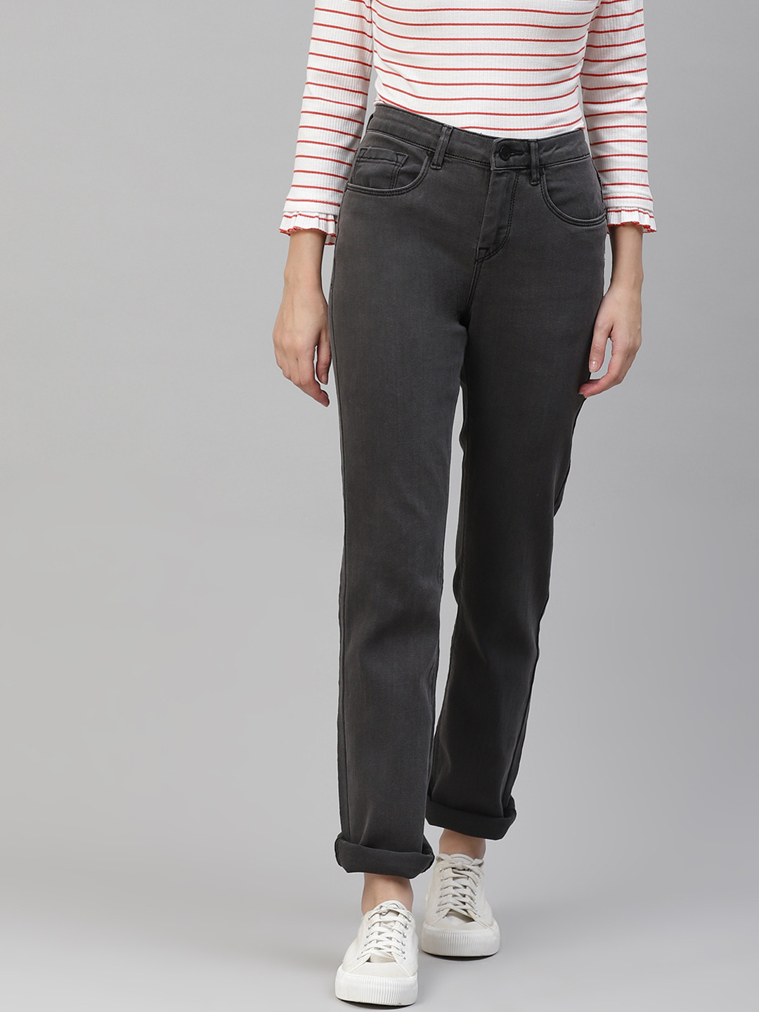 Buy HERE&NOW Women Charcoal Grey Regular Fit Stretchable Jeans Jeans