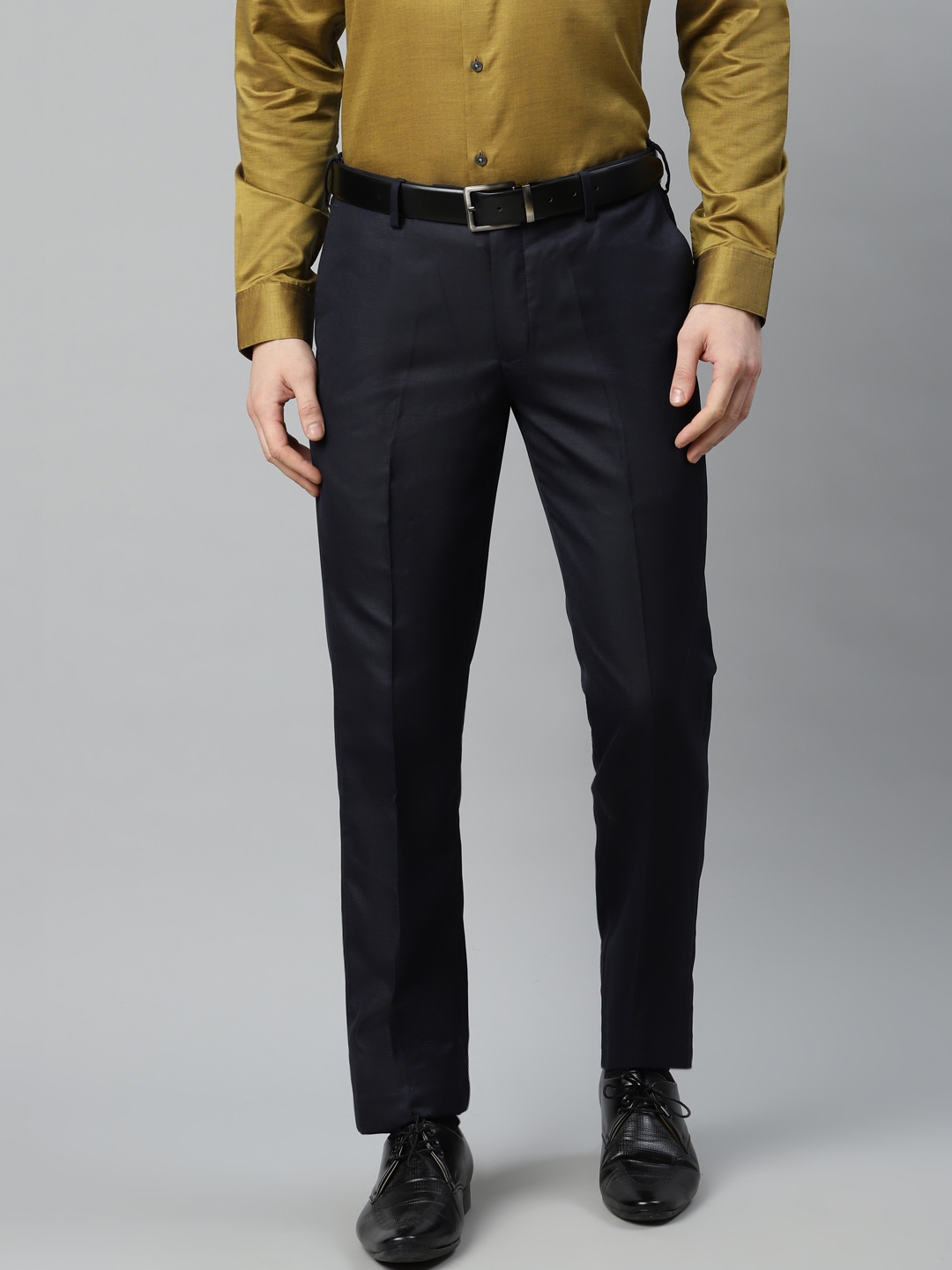 Buy Arrow Men Navy Blue Tailored Fit Self Design Formal Trousers ...
