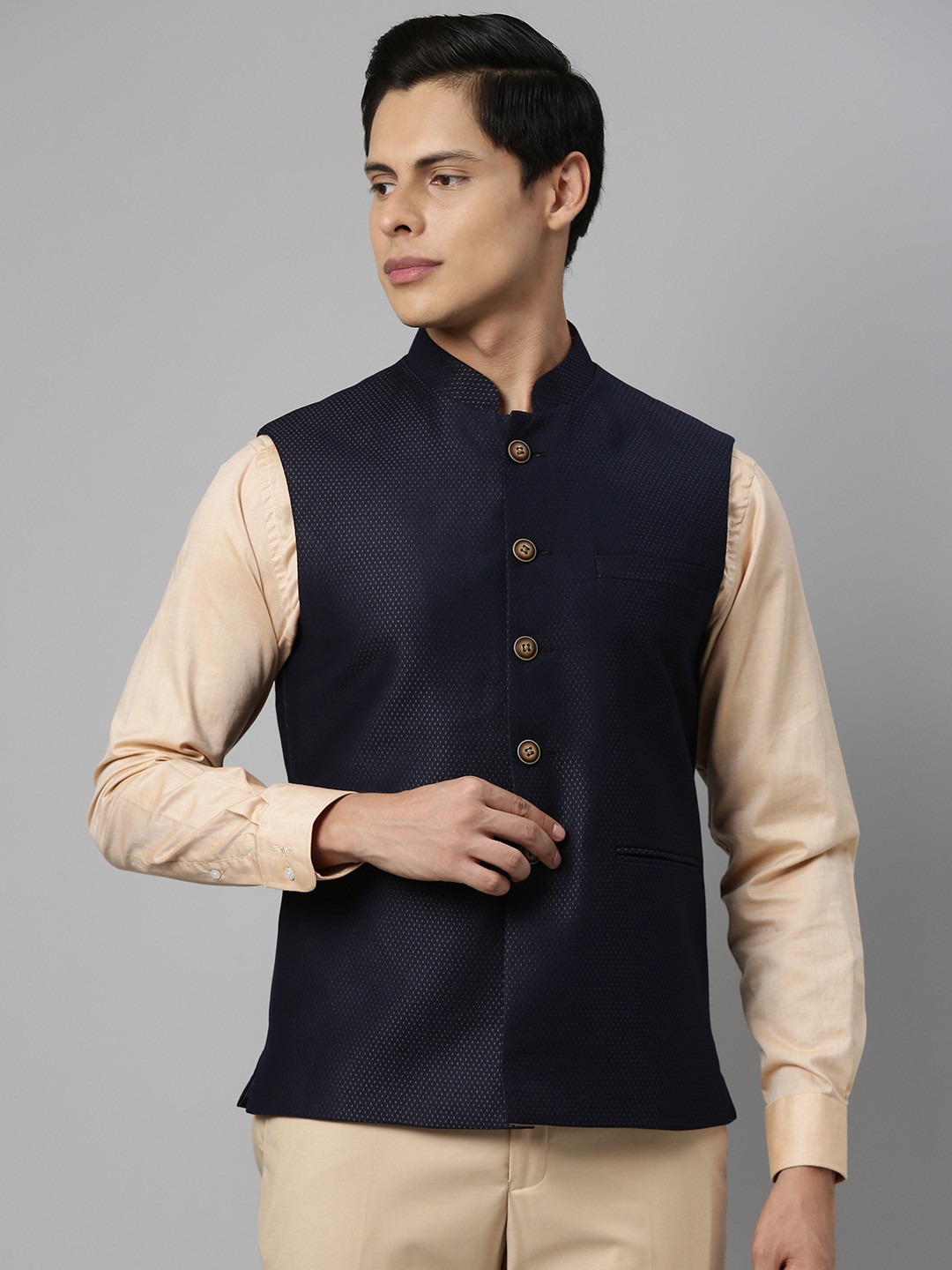 Buy Raymond Men Navy Blue & Gold Toned Printed Regular Fit Nehru Jacket