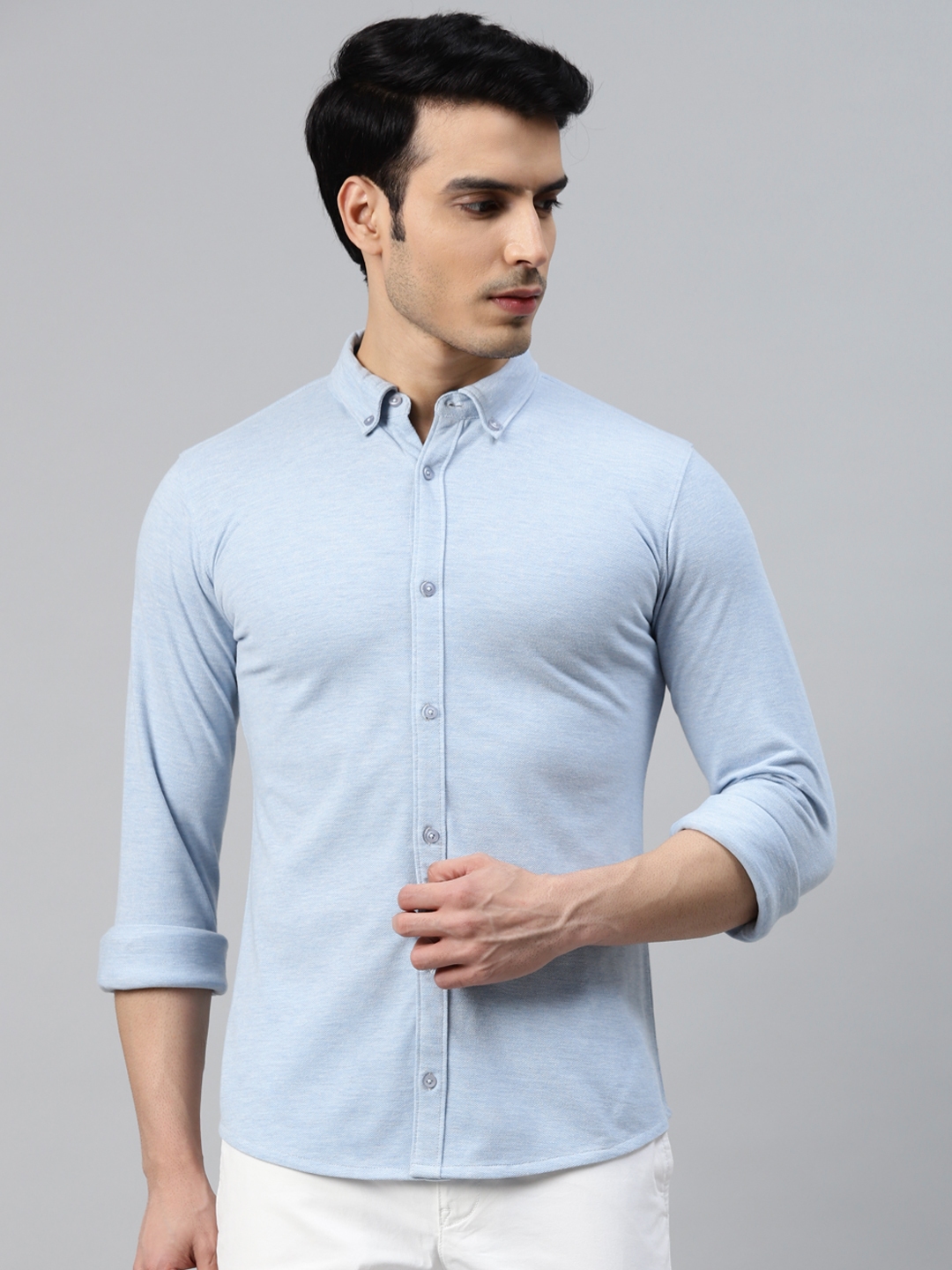 Buy ManQ CASUAL Men Blue Pure Cotton Knitted Slim Fit Casual Shirt ...