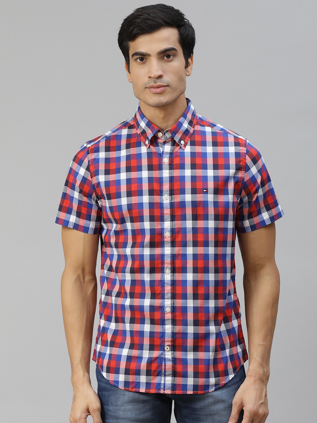 Buy Tommy Hilfiger Men Blue & Red Gingham Checked Knitted Casual Shirt ...