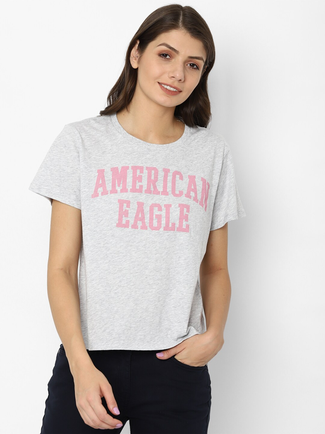 Buy AMERICAN EAGLE OUTFITTERS Women Grey Round Neck Pure Cotton T Shirt