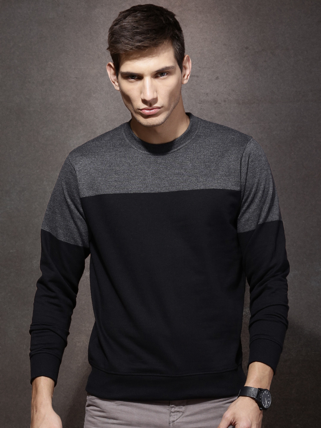 Buy Roadster Men Black & Charcoal Grey Colourblocked Pullover