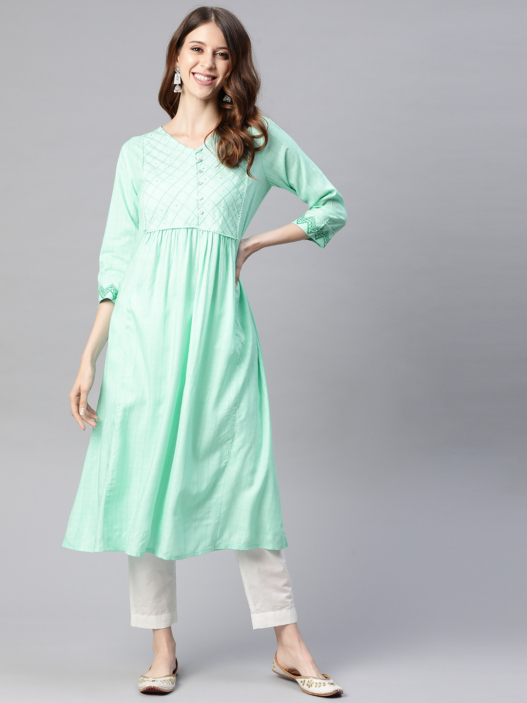 Buy HERE&NOW Women Sea Green Yoke Design A Line Kurta Kurtas for