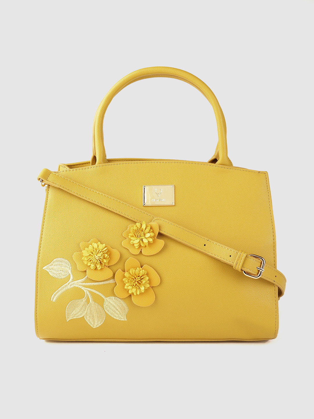 Buy Allen Solly Mustard Yellow Floral Applique Structured Handheld Bag